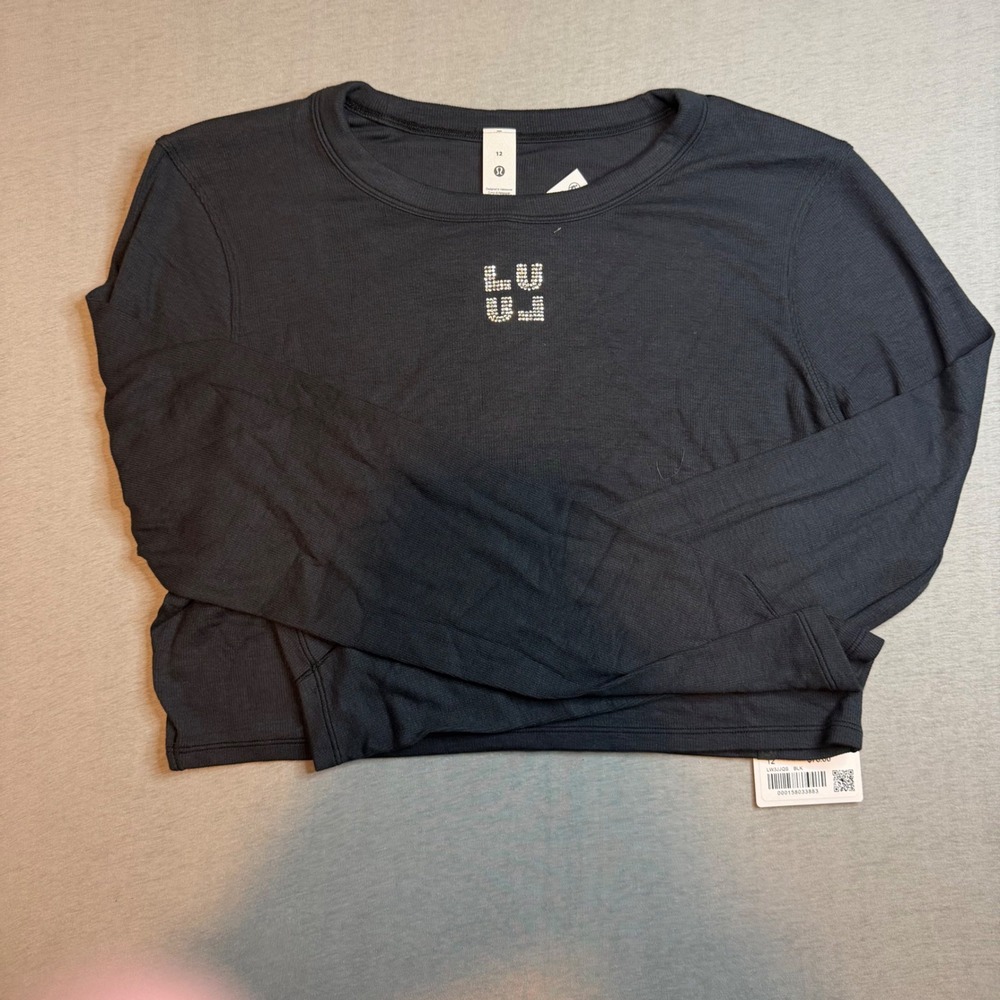 Lululemon Jeweled Ribbed Long Sleeve Cropped Top Black LW3JJQS Size 12 NWT